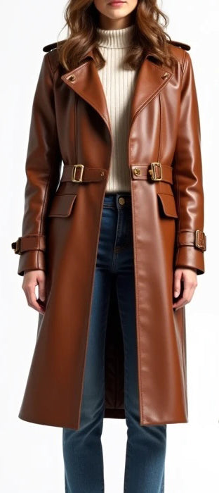 Women Brown Belted Leather Coat