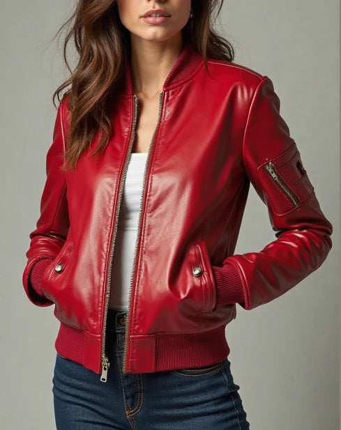 Women Red Stylish Bomber Leather Jacket