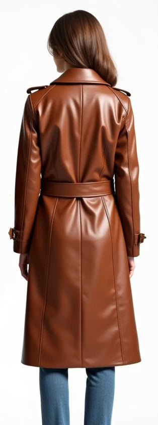 Women Brown Belted Leather Coat
