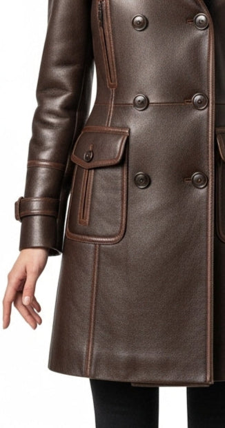 Brown leather coat with black fur collar on a white background