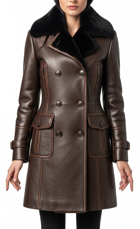 Brown leather coat with black fur collar worn by a model on a white background