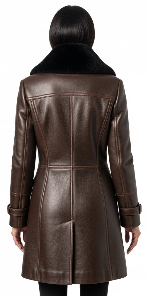 Brown leather coat with black fur collar on a white background