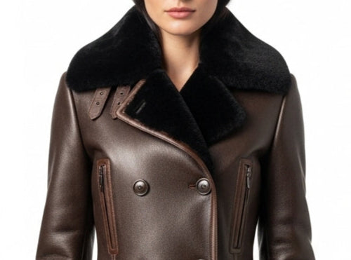 Brown leather coat with black fur collar on a white background