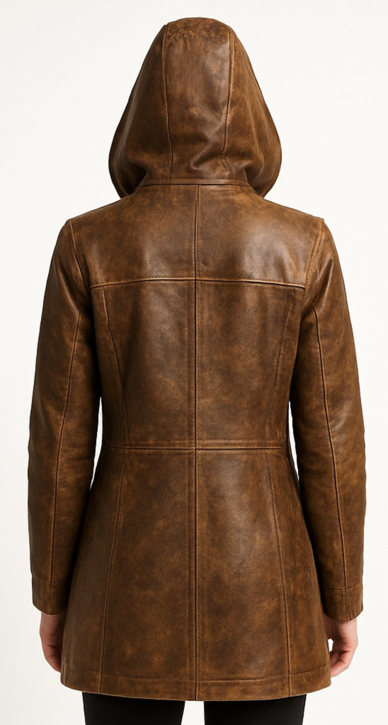 Women Hooded Brown Distressed Leather Coat