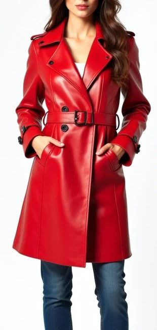 Women Red Belted Leather Coat