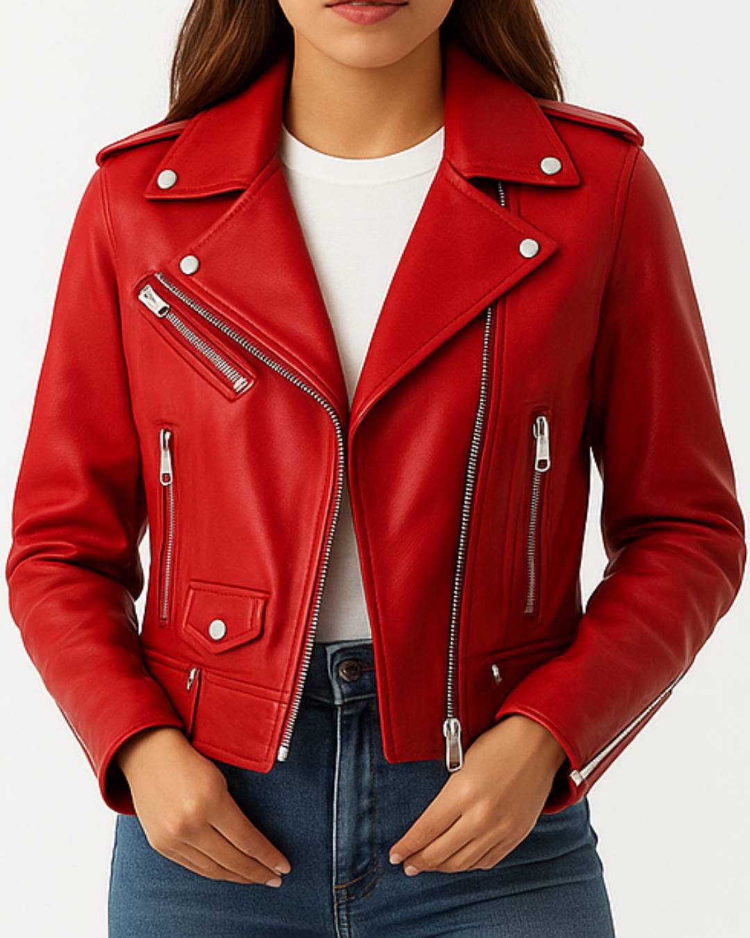 Women Red Biker Leather Jacket