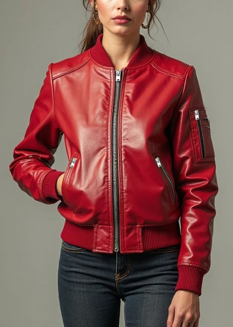 Women Red Bomber Classic Leather Jacket