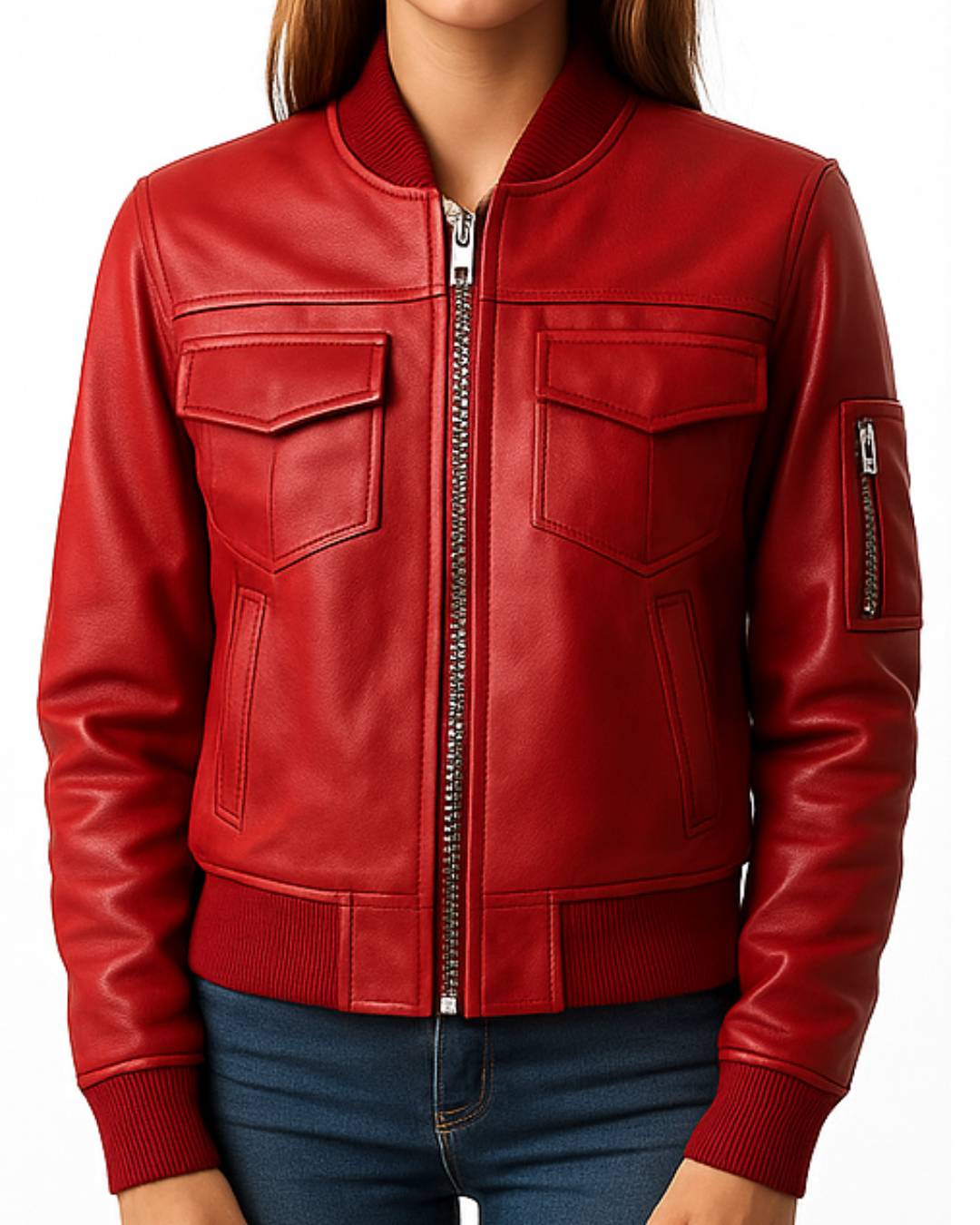 Women Stylish Red Leather Bomber Jacket