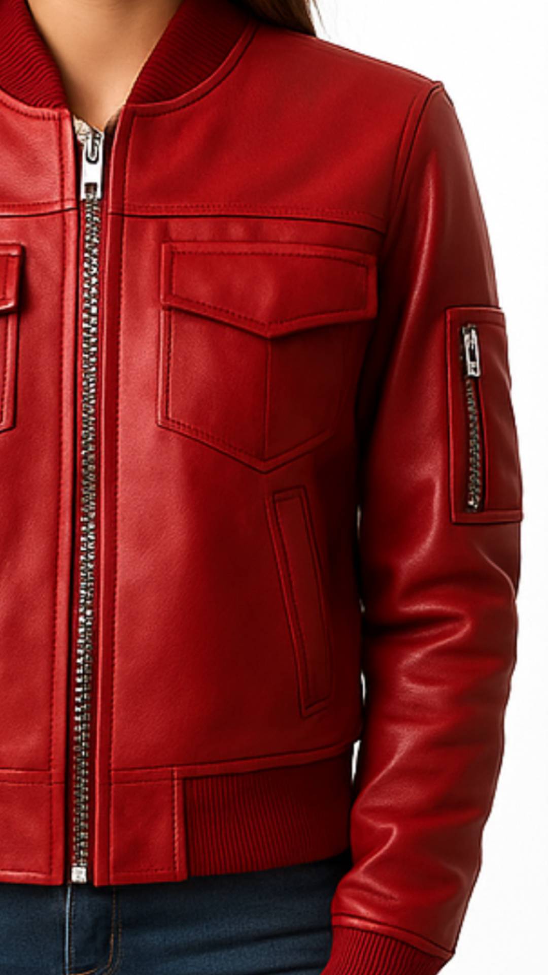 Women Stylish Red Leather Bomber Jacket