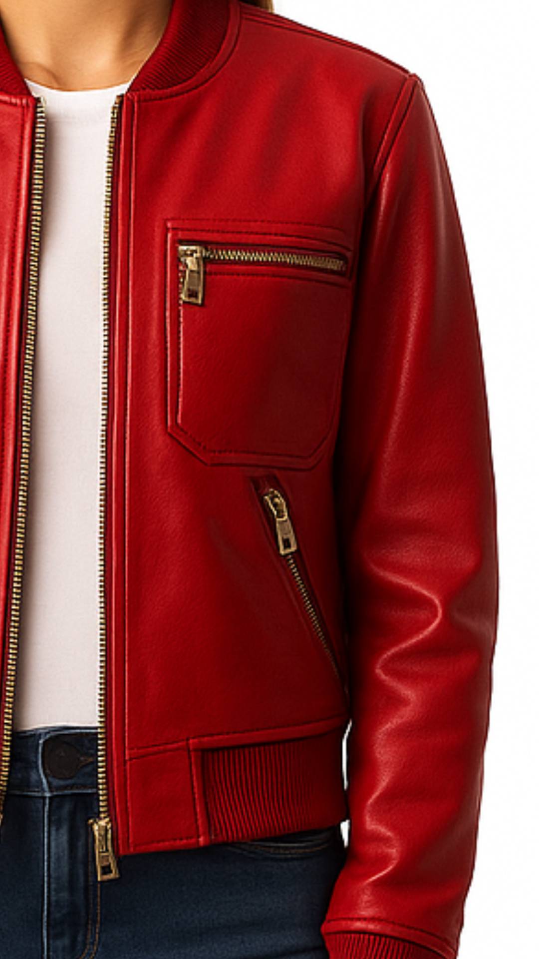 Women Red Bomber Leather Jacket