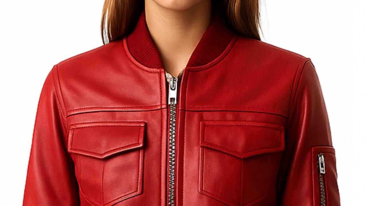 Women Stylish Red Leather Bomber Jacket
