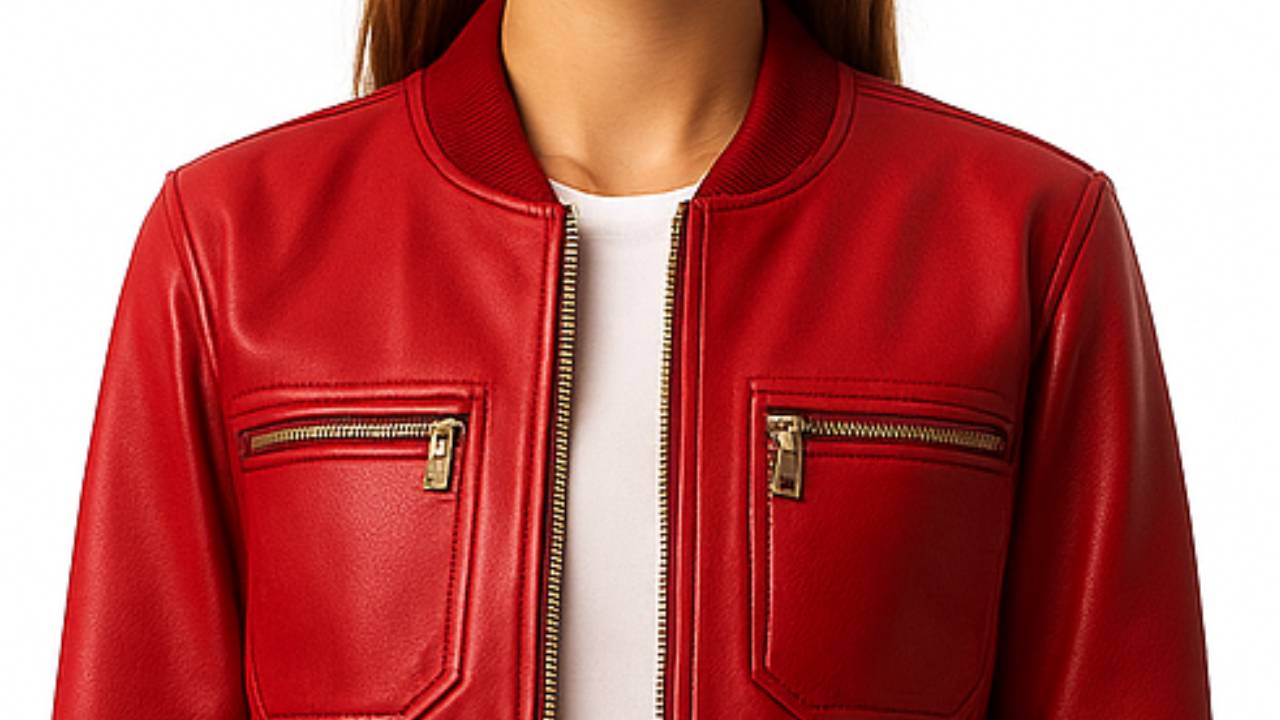Women Red Bomber Leather Jacket