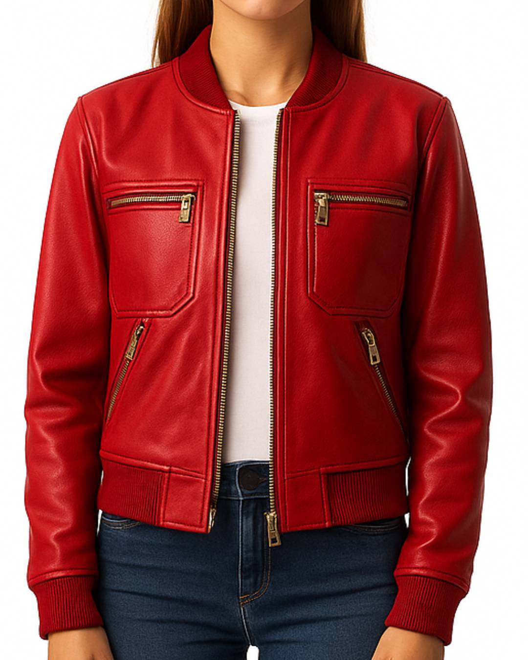 Women Red Bomber Leather Jacket