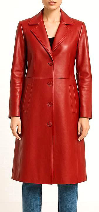 Women Red Classic Leather Coat