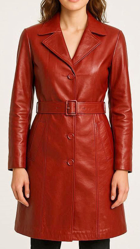 Women Red Leather Coat