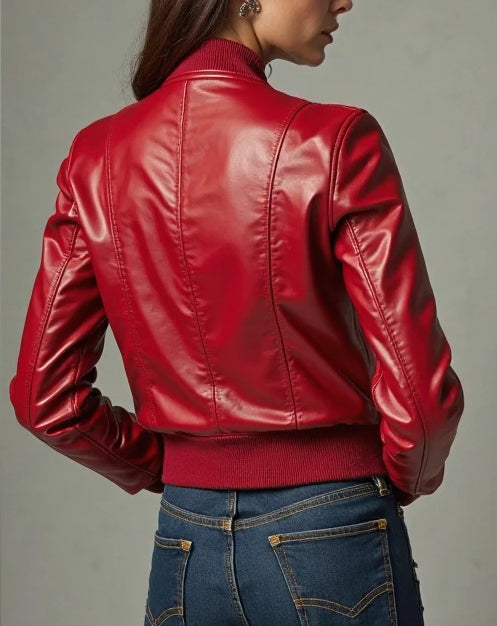 Women Red Stylish Bomber Leather Jacket