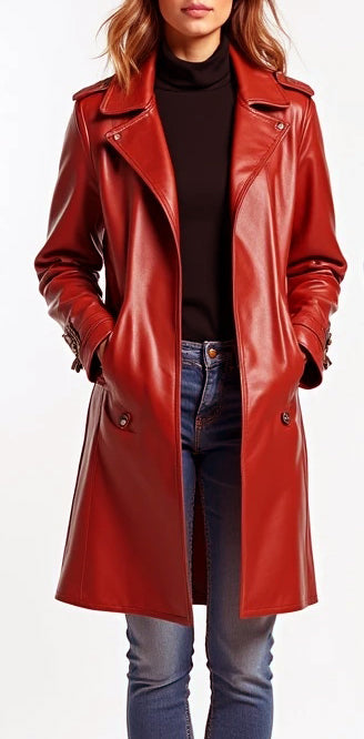 Women Red Stylish Leather Coat