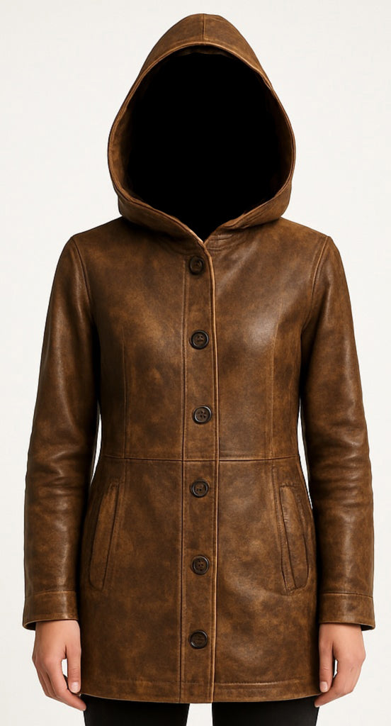 Women Hooded Brown Distressed Leather Coat