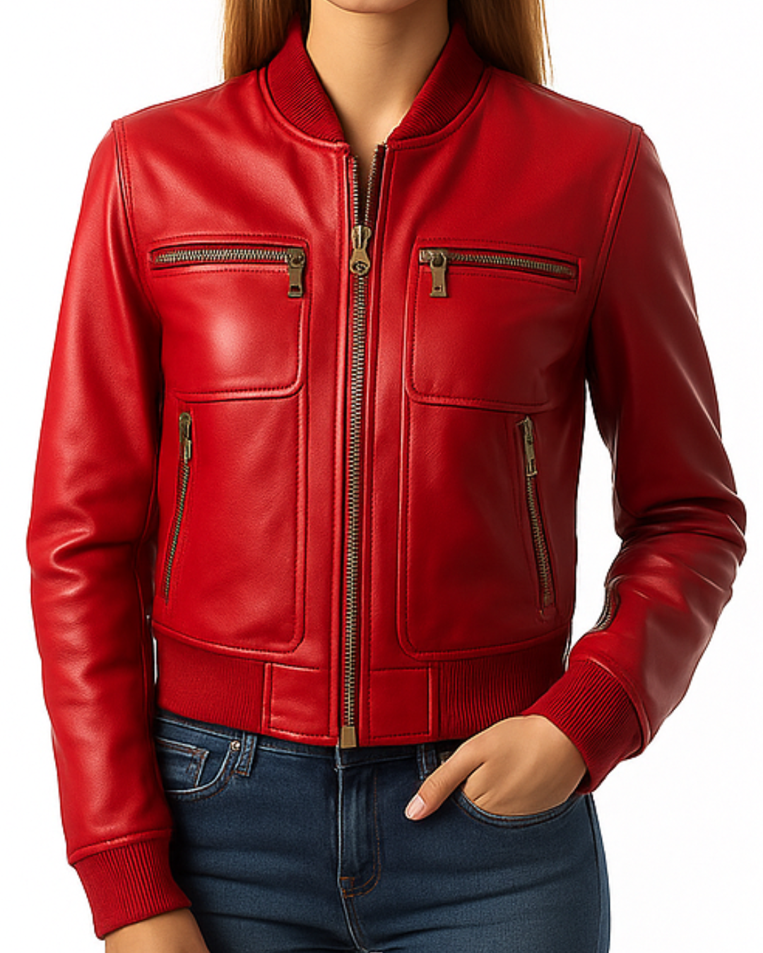 Women’s Red Leather Bomber Jacket