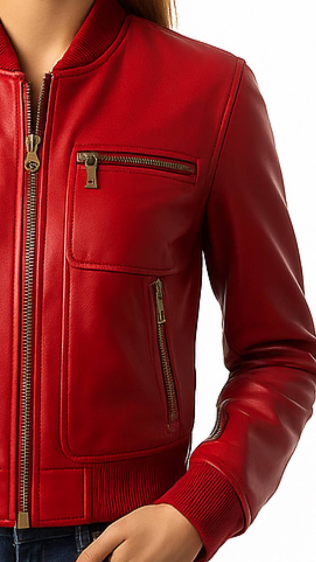 Women’s Red Leather Bomber Jacket