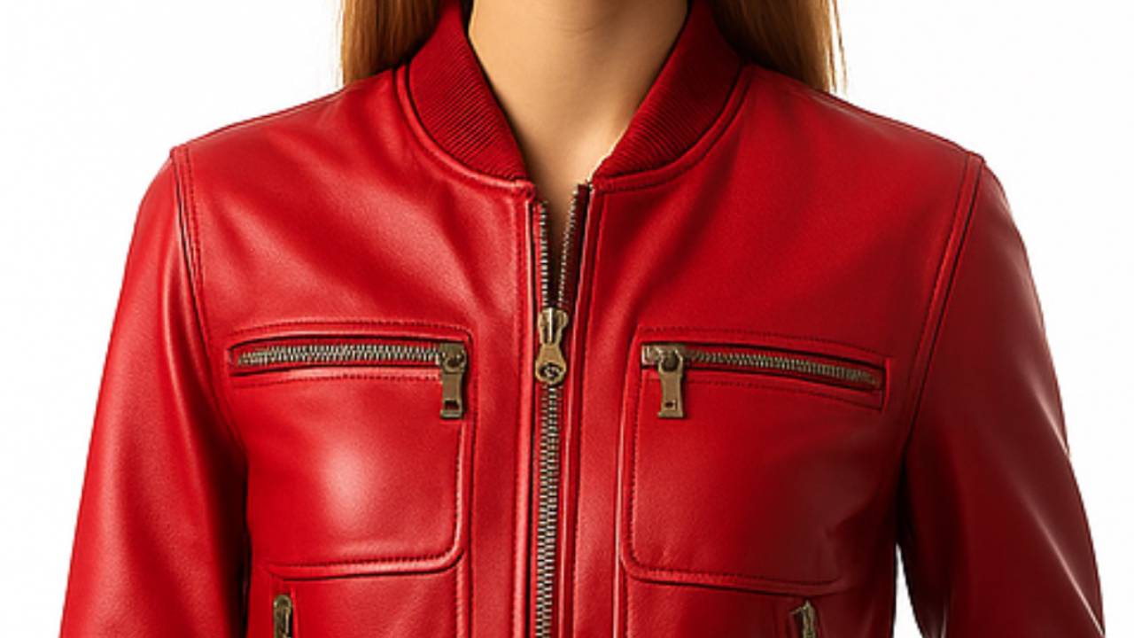 Women’s Red Leather Bomber Jacket