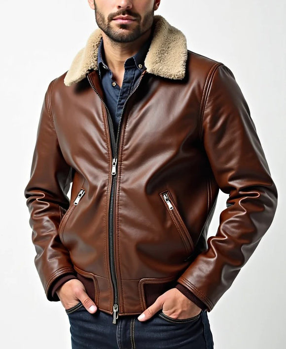 Men Brown Aviator Flight Bomber Leather Jacket