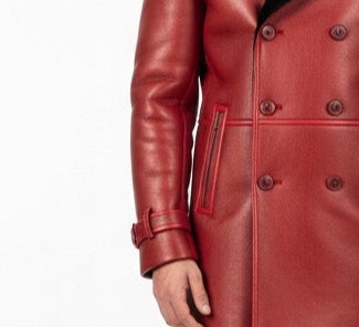 Men Red Leather Premium Coat with Faux Fur Lining