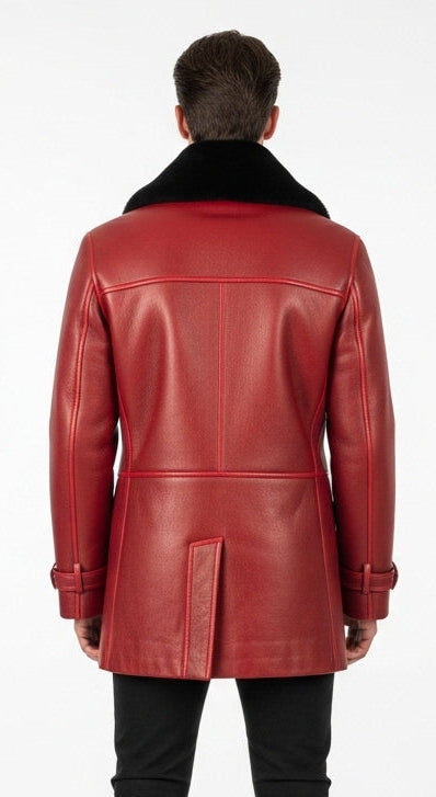 Men Red Leather Premium Coat with Faux Fur Lining
