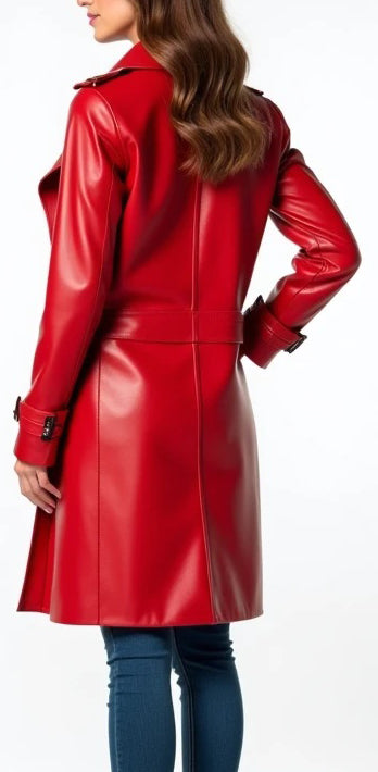 Women Red Leather Designer Coat