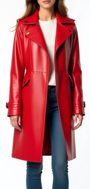 Women Red Leather Designer Coat