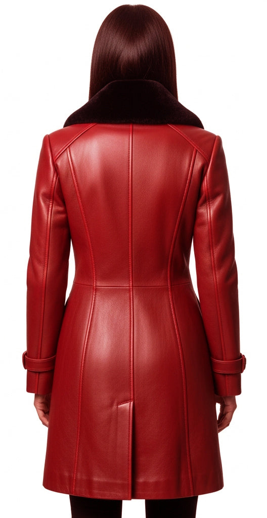 Women’s Red Premium Leather Black Fur Coat