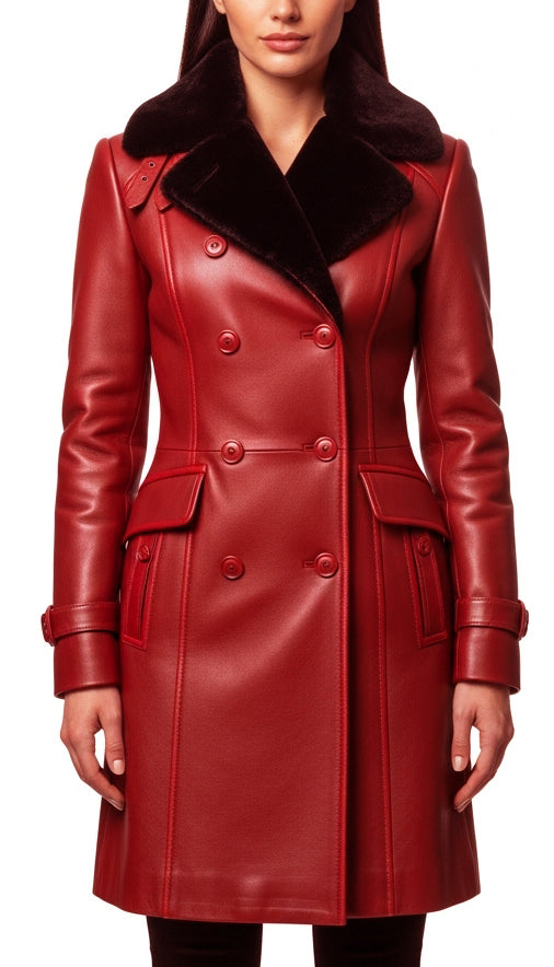 Women’s Red Premium Leather Black Fur Coat
